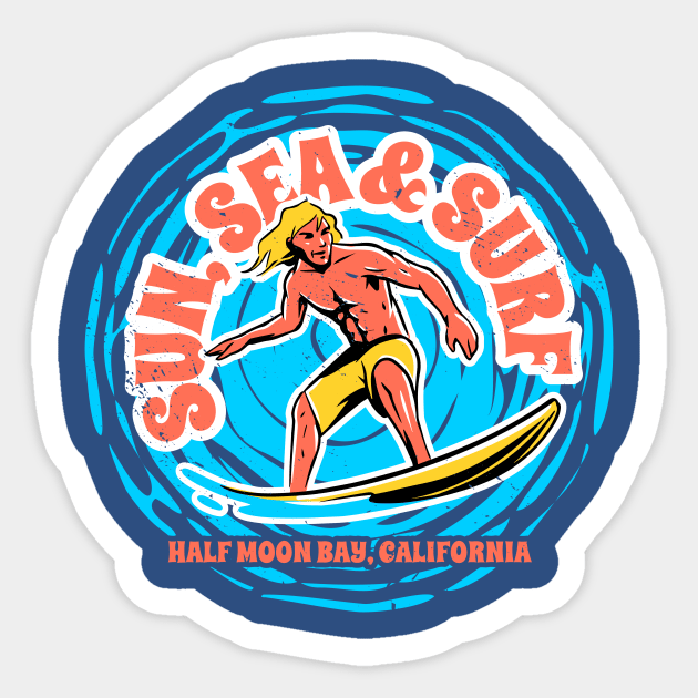 Vintage Sun, Sea & Surf Half Moon Bay, California // Retro Surfing // Surfer Catching Waves Sticker by Now Boarding